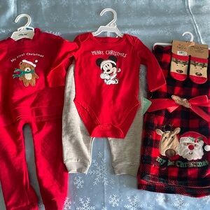 Red Christmas Baby Outfit Set , my first Christmas, blanket,Mickey set.
